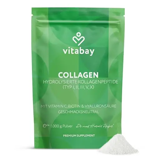 Vitabay Kollagen Pulver Komplex 1 kg Hochdosiert – Bioaktive Collagen Hydrolysat Peptide Typ 1, 2, 3, 5, 10 - mit Vitamin C, Biotin & Hyaluronsäure – Reine Qualität – Laborgeprüft & Geschmacksneutral
