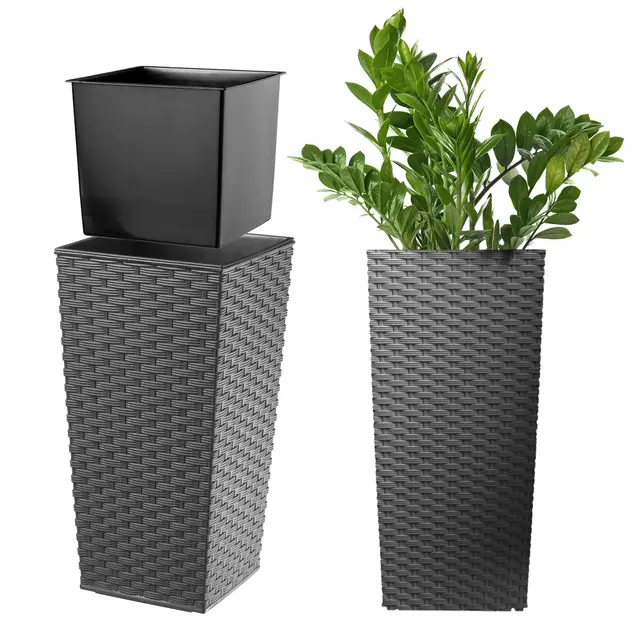 KADAX Pflanzkübel mit Innentopf, Höhe 46.5cm, 24x24cm, ca. 13L – Rattan-Optik Grafit, Frostsicherer Blumentopf für Innen & Außen, Garten, Balkon & Terrasse, UV-beständig, wetterfest