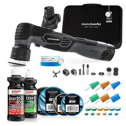 chemicalworkz EVO Mini Akku Poliermaschine 25-teiliges Set I Exzenter & Rotation I mit Akkus Adaptern Stütztellern Pads Sonax-Polituren und Zubehör