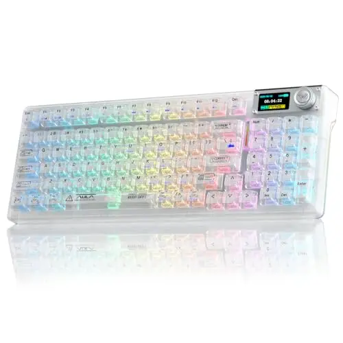 AULA F98Pro V3 Kabellose Gaming Tastatur mit Display & Knopf,BT/USB-C/2,4GHz,Gasket,Hot-Swap,10000mAh,Transparente Keycaps,RGB,Makro Software,Wireless Mechanische Tastatur für Tablet/PC/Gamer (Weiß)