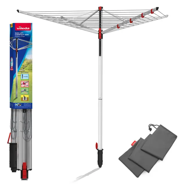 Vileda Sun-Lift Compact Wäschespinne, 40 m Leinenlänge,höhenverstellbar 1,55-1,72 m, Easy-Lift-System, inkl. 8 Kleiderbügelhalter, Bodenhülse, UV-beständige Schutzhülle, Farbe Grau, Comfort-Pack