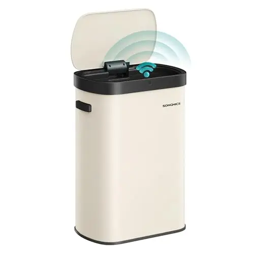 SONGMICS Mülleimer mit Sensor, automatischer Abfalleimer 50 L, Öffnen per Handbewegung oder Berühren, Softclose-Deckel, Stahl, inkl. 15 Müllbeutel, cremefarben LTB640AZ02