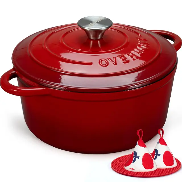 Overmont Bräter emaille Gusseisen Topf - Schmortopf 24cm backofengeeignet - mit Deckel und Kochbuch - für Küche Backen Schmoren Braten Rot