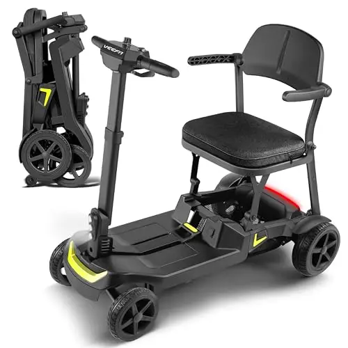 VEEFA Seniorenmobil 4 Rad, 17kg Leichtbau Doppelbatterie 36km Reichweite 6km/h, Elektromobil Klappbar Aluminium für Auto/Flugzeug/Bahn, 122kg Tragkraft, Tragbar Mobility Scooter für Senioren