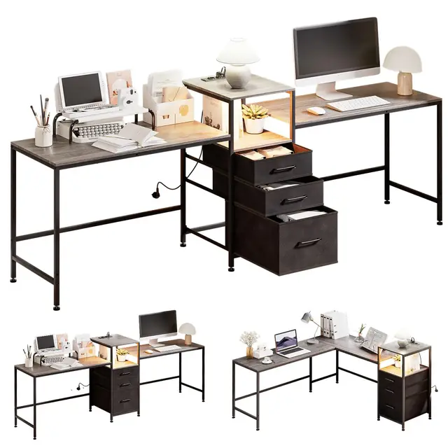 Yorbay L-Form Schreibtisch mit LED & Steckdosen 238x48x91 cm