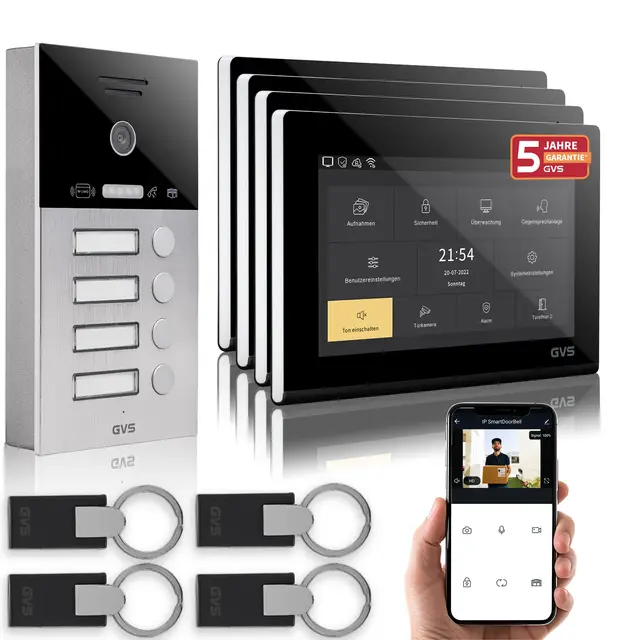 GVS - IP Video Türsprechanlage 4 Familienhaus mit Türöffner (RFID), HD Kamera, 4X 7 Zoll Monitor & App - Smarte Video Türklingel mit Kamera & Gegensprechanlage (AVS4092A)