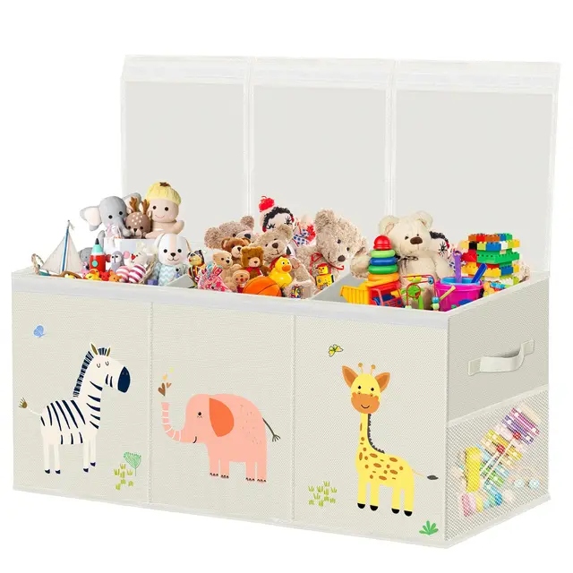 Extra Groß Aufbewahrungsbox Spielzeugkiste mit Deckel Kinder - Faltbar Spielzeug Aufbewahrung mit Griffen Trennwand Aufbewahrungsbox für Kinderzimmer Kleidung Schlafzimmer(Beige,99x34x39cm)