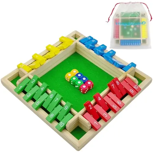 Shut The Box Spiel 4-Spieler, Holz Brettspiel Holz Mathematik Traditional Pub Board Würfelspiel Reisen Family Brettspiele Urlaub unterhaltsames Mathespiele Spiel für Kinder und Erwachsene [Mehrfarbig]