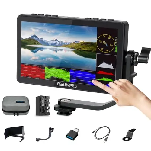 FEELWORLD F5 Pro V4 6 Zoll Touchscreen DSLR Kamera Feldmonitor mit 3D LUT F970 Externes Kit Installieren IPS FHD 1920 x 1080 4K HDMI Eingang Ausgang 5 V Typ-C Eingang inklusive 4400mah Batterie