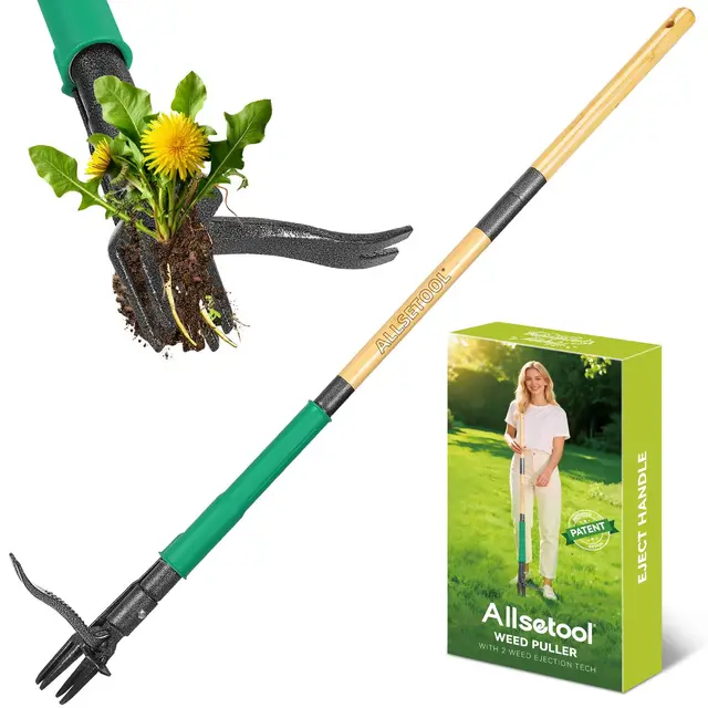 Unkrautstecher mit 2 Auswurffunktionen, 111cm Stiel Unkraut Entferner Gerät, Robuster Garten Löwenzahnstecher, Echtem Bambusgriff, 4 Metallkrallen und Antihaft-Fußpedal