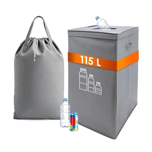 Pfandflaschen Sammelbehälter mit entnehmbarer Tragetasche - 115 L - Pfandflaschensammler mit Deckel und Tragegriffen - Flaschensammler Flaschenbehälter Getränkedosen Pfandsammler für 30-45 Flaschen