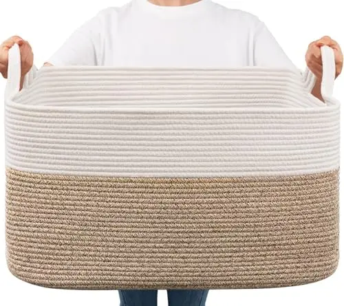 TIMEYARD 65L Faltbarer Wäschekorb, Aufbewahrungskorb für Baby Spielzeug, Square Laundry Baskets, Korb Aufbewahrung für Decken, kissen, Gästehandtuchkorb, Weiß und Braun