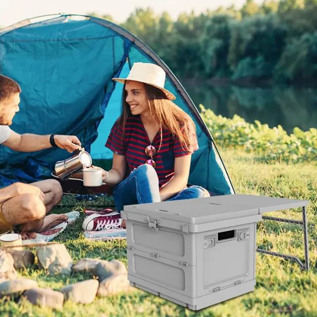 Beolur 2-in-1 Klappbox mit Tisch – Faltbare Aufbewahrungsbox mit ausziehbarem Tischplatte, tragbar für Camping, Van, Wohnmobil, Kofferraum & Zuhause, ABS+PP Kunststoff, inkl. DIY Sticker