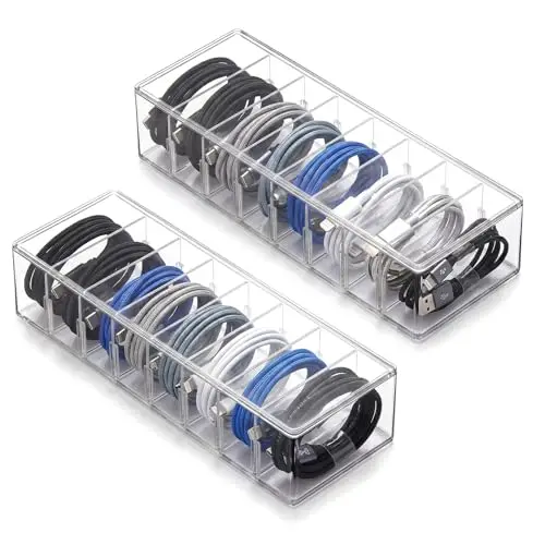 Woobroo Kabelmanagement Box 2er Set - Transparente Kabel Aufbewahrungsbox mit Deckel - Verstellbare Trennwände für USB Kabel und Ladegeräte - Schreibtisch Organizer - 26x10x6cm
