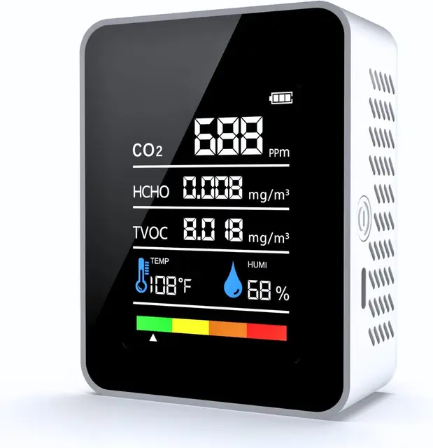 CO2 Messgerät, 5 in 1 Luftqualitätsmessgerät Innenbereich co2 Melder Formaldehyd Messgerät Thermometer Hygrometer mit Alarm, Luftqualitätsmonitor TVOC/HCHO/CO2 Monitor Für Zuhause, Büro,Auto