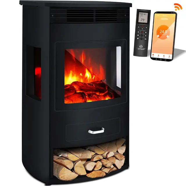 KESSER Prio Elektrokamin mit Heizung, WiFi-App & LED-Flammeneffekt