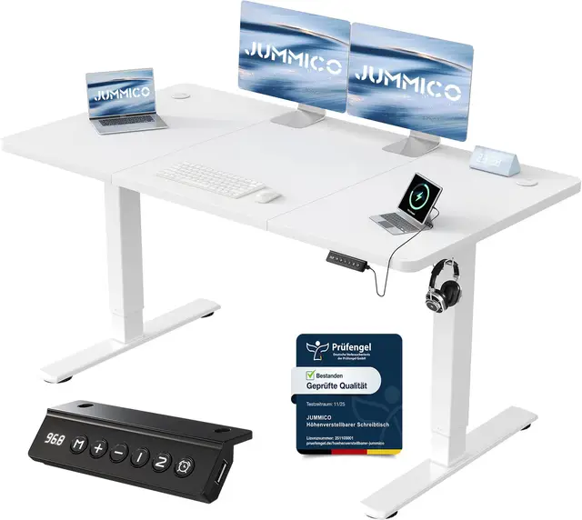 JUMMICO Höhenverstellbarer Schreibtisch mit USB-Ladeanschluss,Schreibtisch Höhenverstellbar Elektrisch 140 x 60 cm, Steh-Sitz Tisch Stehpult Verstellbarer Computertisch,Standing Desk,Weiß