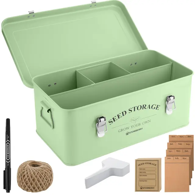 Samen-Aufbewahrungsbox-Organizer – Grüne Gartensamendose mit Deckel, seitlichen Griffen, 4 Fächern – Samenpaketbehälter für Gärtner – Gartengeschenkidee mit über 100 Zubehörteilen