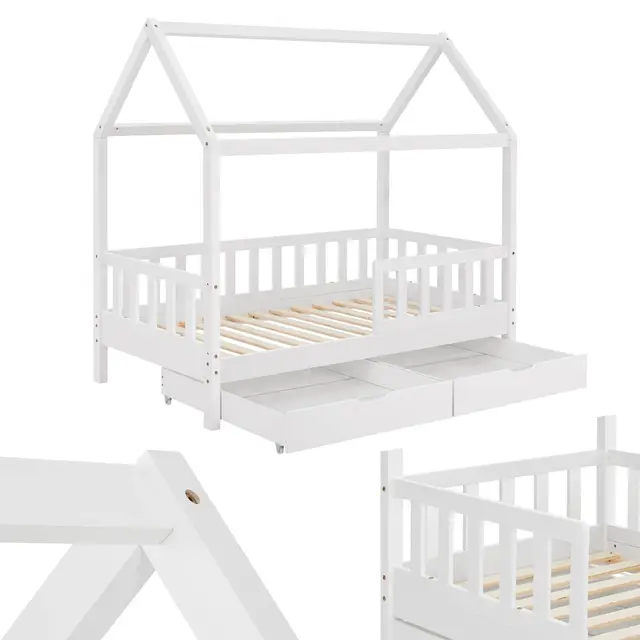 Juskys® Kinderbett Marli 80 x 160 cm mit Matratze, Bettkasten, Rausfallschutz, Lattenrost & Dach - Massivholz Hausbett für Kinder - Bett in Weiß