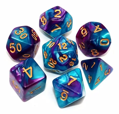 DND-Würfelset für Rollenspiele, polyedrisch, für Dungeon and Dragons, D&amp;D, Rollenspiele, 7-teilig, Seeblau-Lilatöne