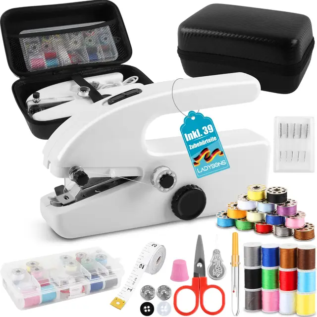 Handnähmaschine, Mini Nähmaschine Elektrisch, Tragbare Nähmaschine mit Aufbewahrungsbox, Nähzubehör, 2 Modi, Ideal für Anfänger & Schnelle Reparaturen an Kleidung und Stoffen (Weiß)