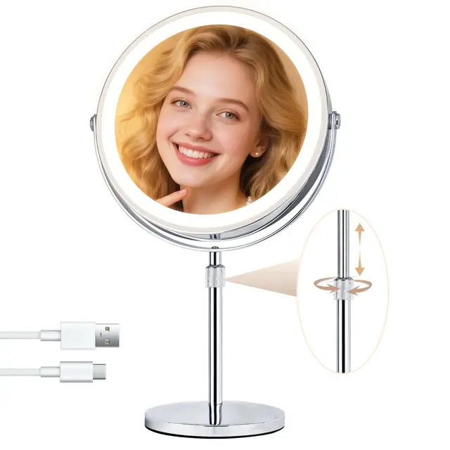 Wiederaufladbar Kosmetikspiegel mit 1X/10X Vergrößerungs LED Make-up Spiegel mit Lichtern, 9 Zoll doppelseitiger schwenkbarer Kosmetikspiegel mit höhenverstellbarem Ständer