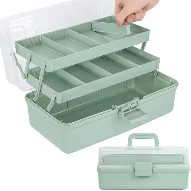 Creahaus 32cm 3-Regal Mehrzweck-Aufbewahrungsbox, Sortierbox, Organizer Box, Bastelbox, Nähkasten, Medizinkoffer, Toolbox, Angelkoffer mit 2 Regalen (Grün)