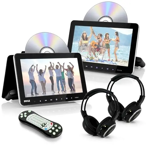 Pyle DVD Player Auto - 2 Kopfstützen Monitore 10,5" (27 cm) für Rücksitz - HDMI Auto Fernseher für Kinder mit Kopfhörer, USB SD AV In/Out