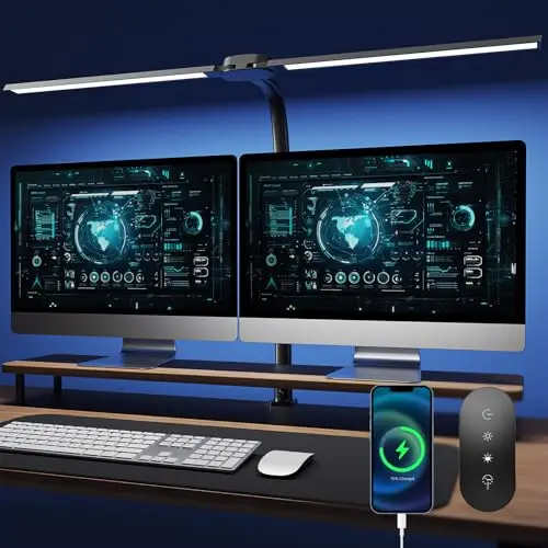 Schreibtischlampe LED Dimmbar - 1400LM 24W Doppelkopf Klemmbar Büroschreibtischlampe mit Fernbedienung, 80CM Schwanenhals Schreibtisch Lampe Tageslichtlampe mit Ladefunktion, Schwarz T01