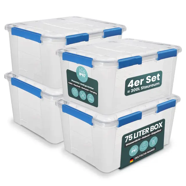 Kreher® Aufbewahrungsbox 75 Liter mit Deckel – wasserdicht & staubdicht, transparent & stapelbar, BPA- & schadstofffrei, robuste Kunststoffbox mit Silikondichtung & 6 Clips (4, 75 Liter)