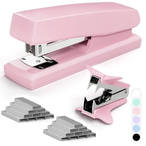 Pink Bürohefter, 25 Blatt Kapazität mit 2000 Heftklammern und Klammerentferner, Desktop-Hefter, rosa Bürobedarf für Studenten und Büroangestellte