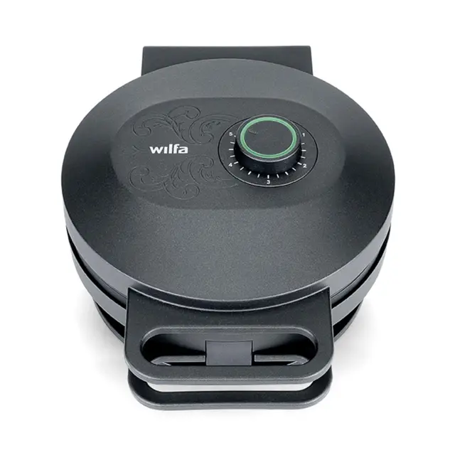 Wilfa SAGA Österdal Waffeleisen - Hörncheneisen mit Muster - 5 Stufen - Signallampe & Signalton - doppelte Antihaftbeschichtung - Eiswaffel Hörnchen - inklusive Teig-Kelle (schwarz)