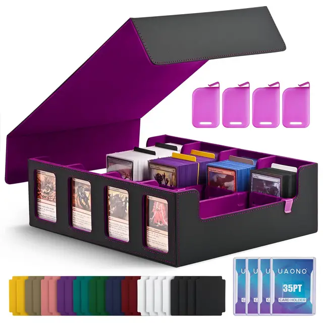UAONO Trading Card Storage Box für Commander Display, 2400+ MTG Deck Box mit 4 Top Loaders, TCG Card Case passend für Magic PTCG Sports Cards(Schwarz&Lila)