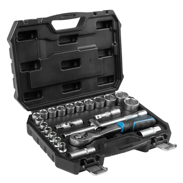 Högert Technik - Steckschlüsselsatz 24-teilig 1/2 Zoll mit Knarrenschlüssel, Ratsche, Stecknüssen 8-32 mm aus CrV Stahl im Koffer für Werkstatt und Garage