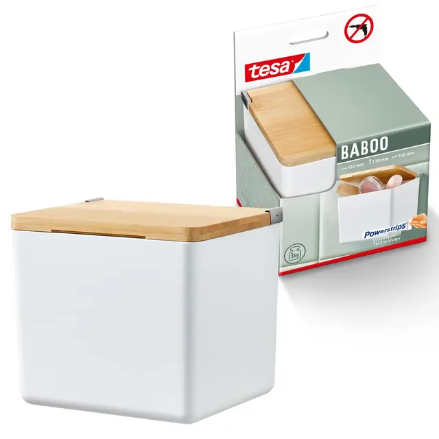 tesa Baboo Badorganizer S mit Bambus-Deckel, matt-weiß - Bad-Aufbewahrungsbox zur Wandmontage ohne Bohren, inkl Powerstrips Waterproof Strips XL - 122 mm x 110 mm x 102 mm