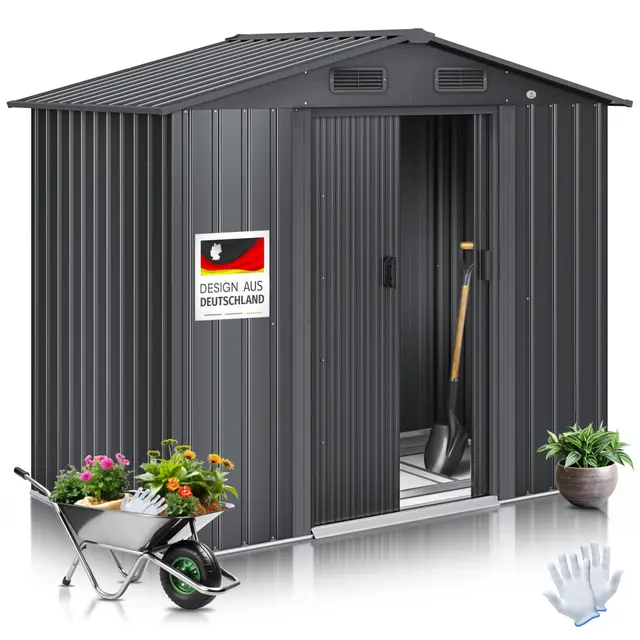 KESSER® XL Metall Gerätehaus 4,2m³ mit Fundament | Inkl. Arbeitshandschuhe | 195x131x186cm | 2X Schiebetür & Fundament | Geräteschuppen | Gartenhaus Schrank | Satteldachdach Garten Schuppen Anthrazit