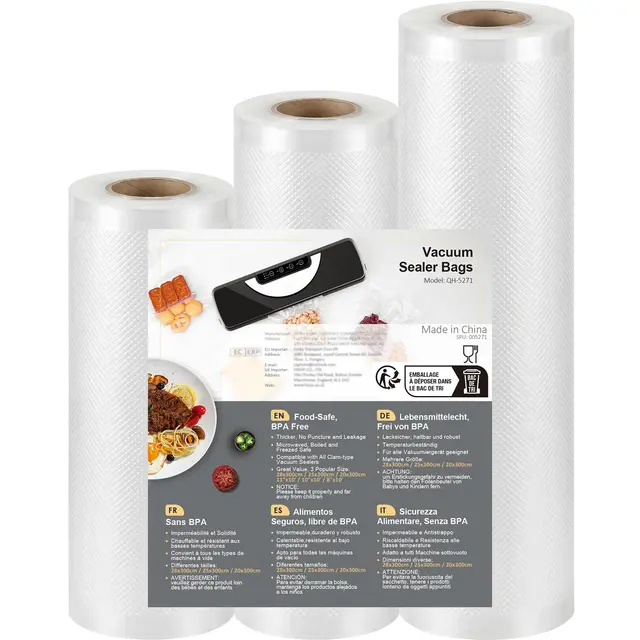 Vakuumierbeutel 3 Rollen Vakuumierfolie, Vakuumbeutel Lebensmittel 28/25/20x300cm, Profi Folienrollen BPA-frei, stark & reißfest, für alle Vakuumierer & Sous Vide