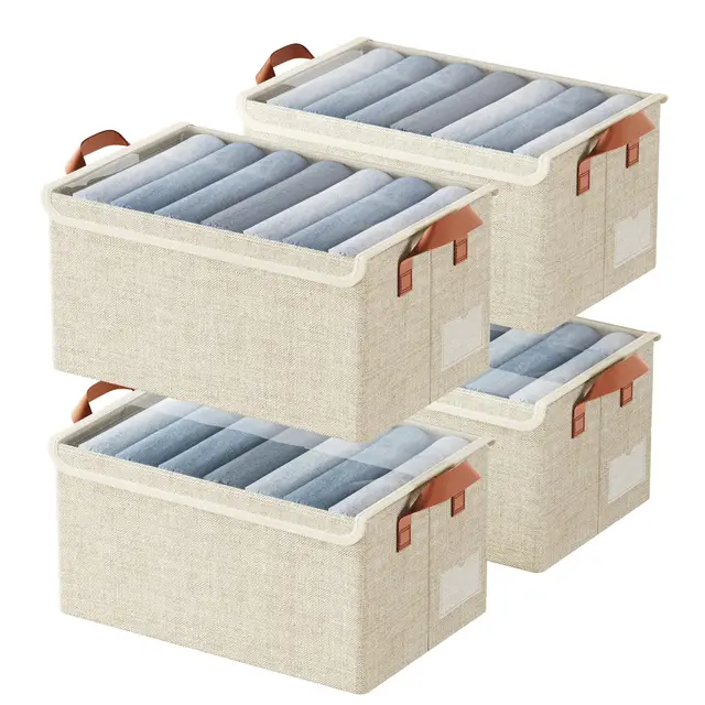 AARAINBOW Stoff Aufbewahrungsbox mit Deckel, 4 Stück Klein Faltbare Aufbewahrung für Schrank, Kleiderschrank Stoffboxen für Kleidung Spielzeug, 40x27x21cm Beige