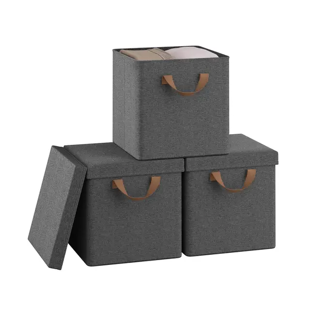 WOLTU Faltbare Aufbewahrungsboxen 3 Stück, Stoffboxen mit Deckel und Metallrahmen, Aufbewahrungswürfel für Wohnzimmer, Schlafzimmer, Arbeitszimmer, Mehrzweck, Grau, 27x27x27cm