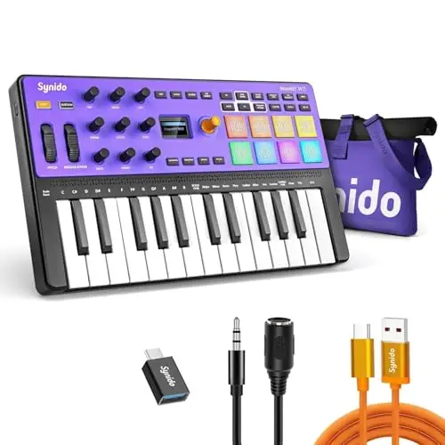 Synido Kabelloses 25-Tasten USB MIDI Keyboard Controller Wiederaufladbar mit 8 Drum Pads, OLED-Bildschirm, MIDI In/Out/Thru, Professionelle BT Beat Maker Maschine für Musikproduktion, TempoKEY W25