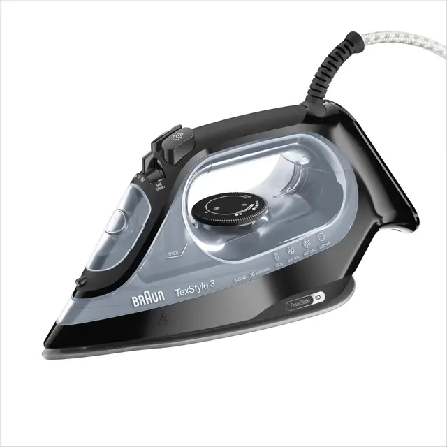 Braun Dampfbügeleisen TexStyle 3 SI3055BK, FreeGlide 3D-Technologie, Bügelsohle mit Keramikbeschichtung, automatische Abschaltung, kurze Aufheizzeit, einfache Nachfüllung (220 ml), 2400 W, Schwarz