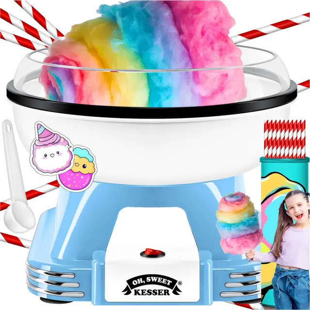 KESSER® Zuckerwattemaschine Set für Dein zuhause - Mit 30x Zuckerwatte Stäbchen & Messlöffel - Retro Cotton Candy Machine - Zuckerwatte Maschine Mit Zubehör - Höhe 22 cm - 500 W Blau Weiß