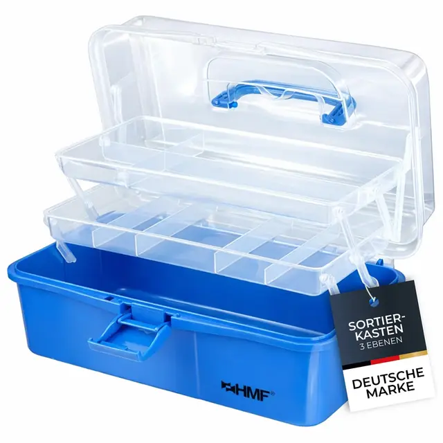HMF Nähkasten aufklappbar mit 3 Ebenen, Sortierbox für Kleinteile | 33 x 20 x 15 cm | Blau