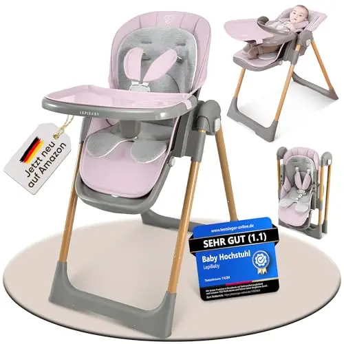 FlexiCo Hochstuhl Baby mit Liegefunktion & Neugeborenenaufsatz, Klappbar & Höhenverstellbar | Kinderstuhl Kinderhochstuhl Babystuhl | Mitwachsend Kind ab Geburt, 1-3 Jahre | Rosa