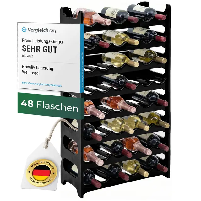 Novaliv Flaschenregal für 48 Flaschen aus Kunststoff, erweiterbar, Weinregal stapelbar, Schwarz, Getränkeregal Flaschen Regalsystem, Regal für Getränke, Flaschenschrank, Spirituosen Regal