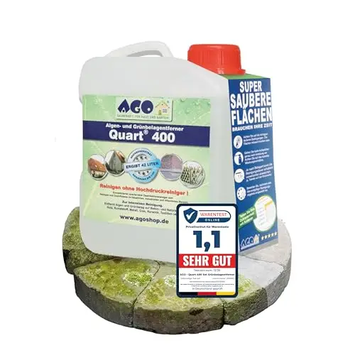AGO Quart 400 Grünbelagentferner 2 Liter - chlor- und säurefrei / 400 qm Algen und Grünbelag Entferner/Steinreiniger/Terrassenreiniger/Grünspan Entferner/Naturstein Reiniger