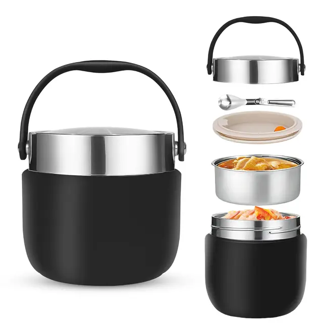 1200ml Thermobehälter für Essen Thermoschüssel mit Deckel Lunchbox Thermo Zur Aufbewahrung von Brei,Suppe,Obst,Joghurt und Mittagessen Schwarz
