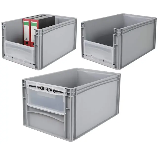BRB 3x Eurobehälter mit Eingrifföffnung u. Riegelklappe an Stirnseite, LxBxH 600x400x320 mm, grau