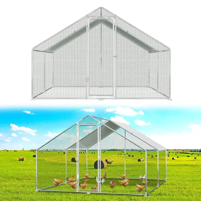 Hühnerstall Freilaufgehege,Freilaufgehege Kaninchen Verzinktem Stahl,Outdoor Hühnerhaus Spitzdach mit Schloss und Wasserdichtes PE Gewebe, für Hühner, Kleintiere & Pflanzen (3x4x2m)