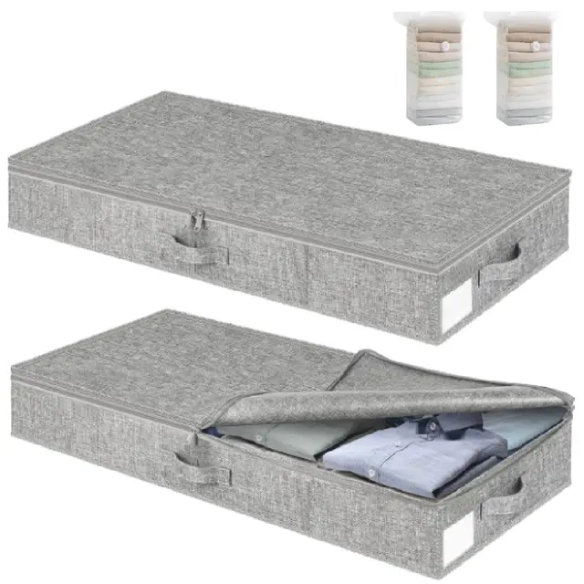 2 Stück Unterbett Aufbewahrungsbox, 2 Stück Durchsichtige Aufrollen Vakuumbeutel, 50L Faltbare Unterbettkommode mit Deckel & Griff für Kleidung, Bettwäsche, Decken und Kissen